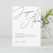 ミニマル白黒スクリプト結婚タイポグラフィ 招待状 (スタンド正面)