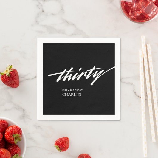 ミニマル白黒スクリプト30th誕生日パーティー スタンダードカクテルナプキン (インサイチュ)