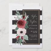 ミニマル白黒ストライプフローラマゼンタ 招待状 (正面)