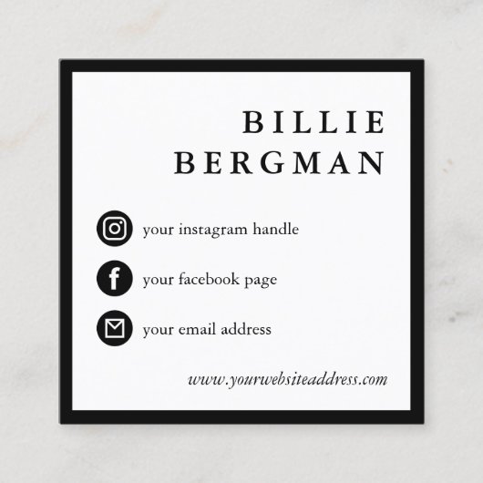ミニマル白黒ソーシャルメディアあなたのロゴ スクエア名刺 (正面)