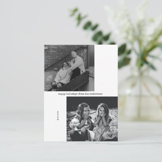 ミニマル白黒タイポグラフィフォトクリスマス シーズンポストカード (スタンド正面)