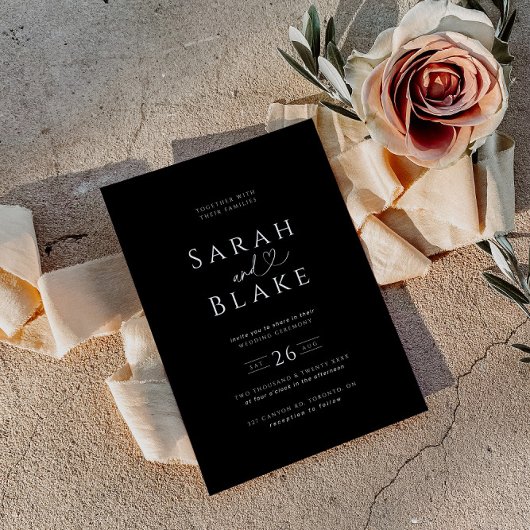 ミニマル白黒ハート結婚式招待状 招待状