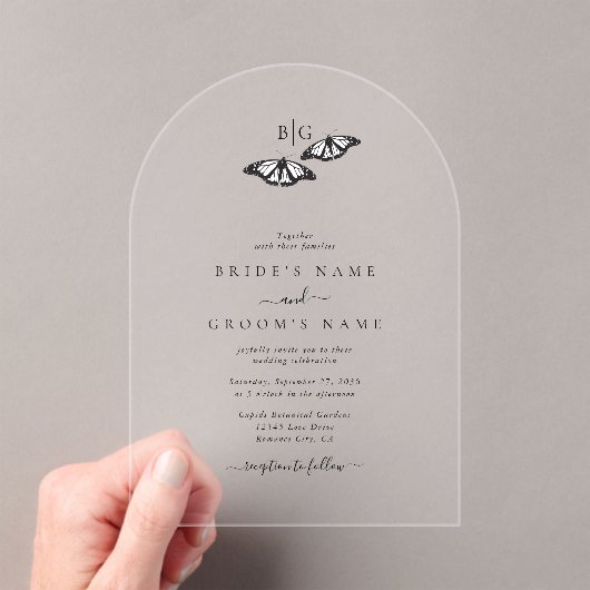 ミニマル白黒バタフライモノグラム結婚ズ アクリル招待状 (インサイチュ (ポータブル))