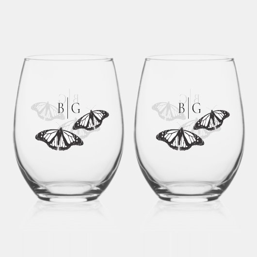 ミニマル白黒バタフライモノグラム結婚ズ ステムなしワイングラス (裏面)