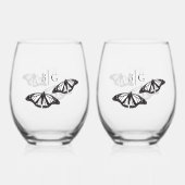 ミニマル白黒バタフライモノグラム結婚ズ ステムなしワイングラス (正面)