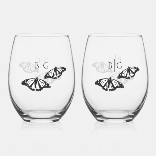 ミニマル白黒バタフライモノグラム結婚ズ ステムなしワイングラス (正面)