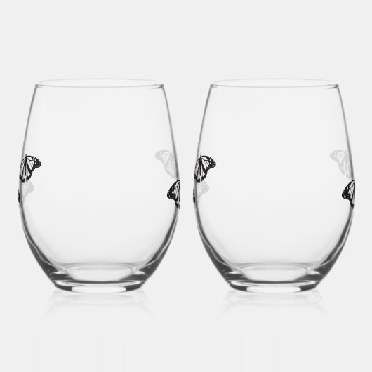 ミニマル白黒バタフライモノグラム結婚ズ ステムなしワイングラス (左)
