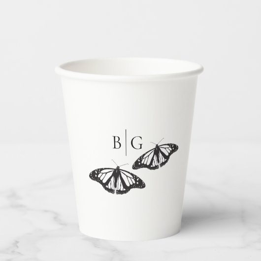 ミニマル白黒バタフライモノグラム結婚ズ 紙コップ (正面)