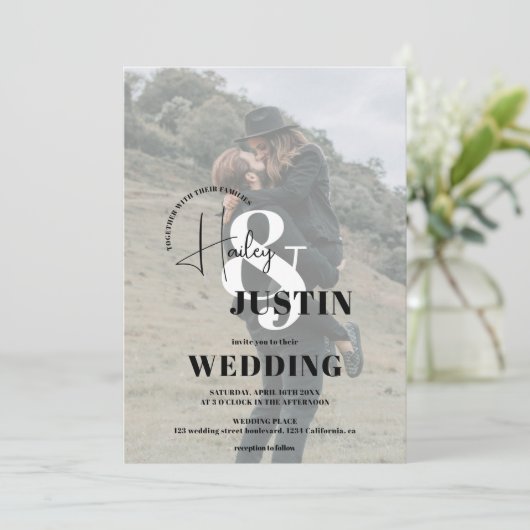 ミニマル白黒フォト結婚オーバーレイ 招待状 (スタンド正面)