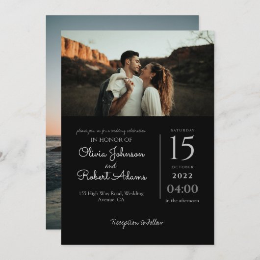 ミニマル白黒フォト結婚式招待状 招待状 (正面/裏面)