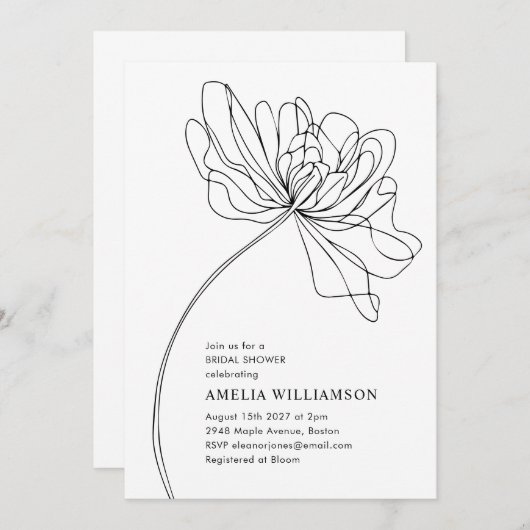 ミニマル白黒フラワースケッチブライダルシャワー 招待状 (正面/裏面)