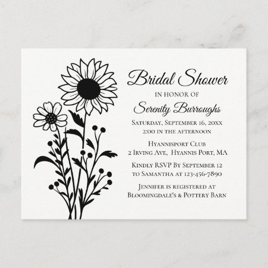 ミニマル白黒フローラブライダルシャワー インビテーションポストカード (正面)