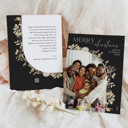 ミニマル白黒フローラメリークリスマスカード シーズンカード