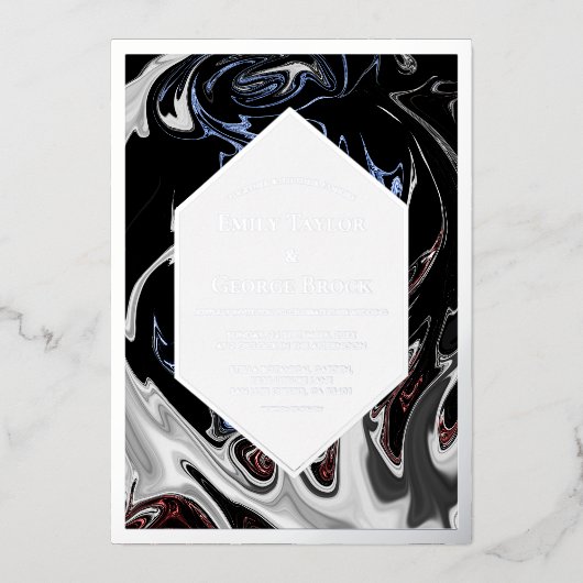 ミニマル白黒ブルー抽象芸術結婚ズシルバー 箔招待状 (正面)