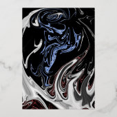 ミニマル白黒ブルー抽象芸術結婚ズシルバー 箔招待状 (裏面)