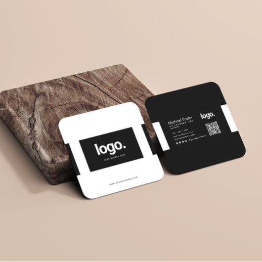 ミニマル白黒プロフェッショナルQRコード スクエア名刺