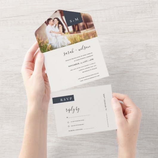 ミニマル白黒モノグラ結婚ムの写真すべて オールインワン招待状 (貼ってはがせる)