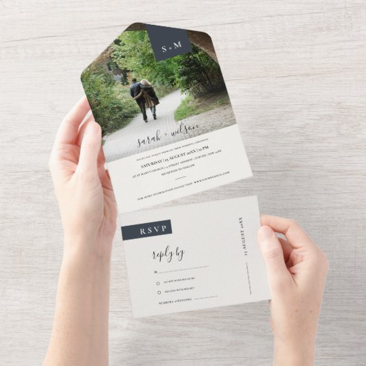 ミニマル白黒モノグラ結婚ム写真 オールインワン招待状 (貼ってはがせる)