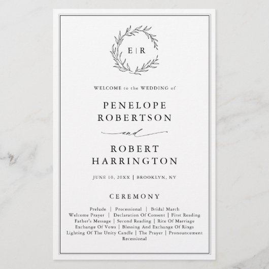 ミニマル白黒リーフモダン結婚式 プログラム (正面)