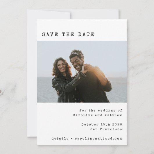 ミニマル白黒レトロタイプライターフォント写真 セーブザデート (正面)