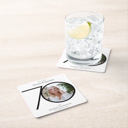 ミニマル白黒写真70th誕生日パーティー スクエアペーパーコースター (インサイチュ)