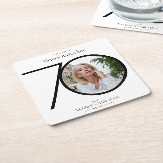 ミニマル白黒写真70th誕生日パーティー スクエアペーパーコースター (アングル)