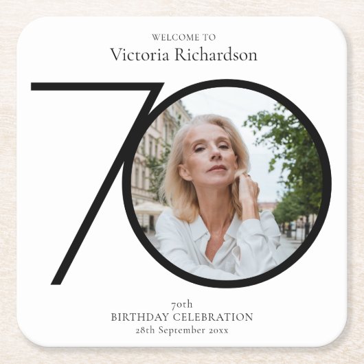 ミニマル白黒写真70th誕生日パーティー スクエアペーパーコースター (正面)