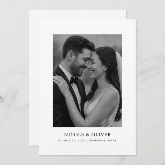 ミニマル白黒写真 | タイポグラフィ結婚の セーブザデート (正面/裏面)