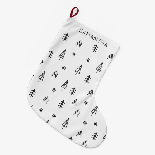 ミニマル白黒冬林パターン名 ラージクリスマスストッキング (正面 (吊り時))