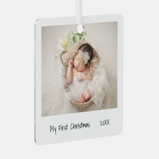 ミニマル白黒初めてのクリスマスフォトベビー メタルオーナメント (正面右)