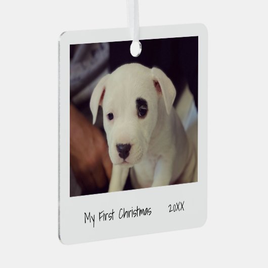 ミニマル白黒初めてのクリスマスペットフォト メタルオーナメント (正面右)