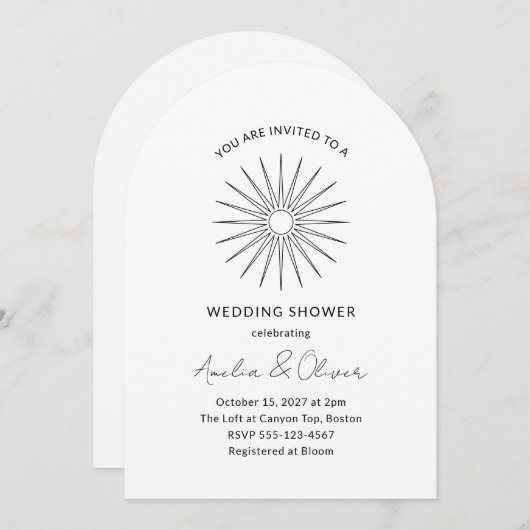 ミニマル白黒日が差すことラインウェディングシャワー 招待状 (正面/裏面)