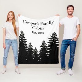 ミニマル白黒松のシルエット フリースブランケット