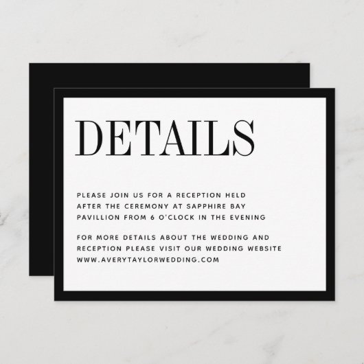 ミニマル白黒結婚の詳細カード インビテーションポストカード (正面/裏面)