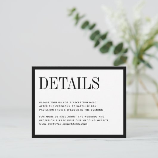 ミニマル白黒結婚の詳細カード インビテーションポストカード (スタンド正面)