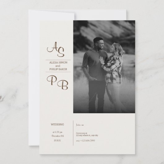 ミニマル白黒結婚写真 招待状 (正面)