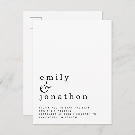 ミニマル白黒結婚式の日付を保存 案内ポストカード (正面/裏面)