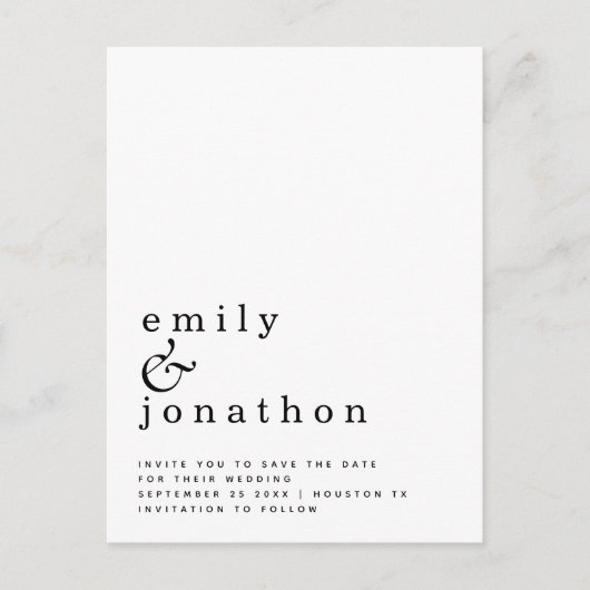 ミニマル白黒結婚式の日付を保存 案内ポストカード (正面)