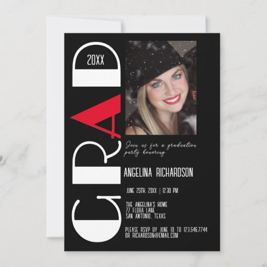 ミニマル白黒赤の卒業写真 案内状 (正面)