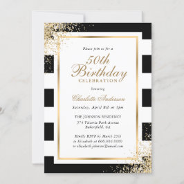 ミニマル白黒金ゴールド紙吹雪50誕生日 招待状
