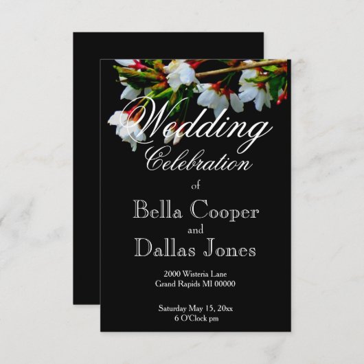 ミニマル白黒開花さくらんぼ咲 招待状 (正面/裏面)