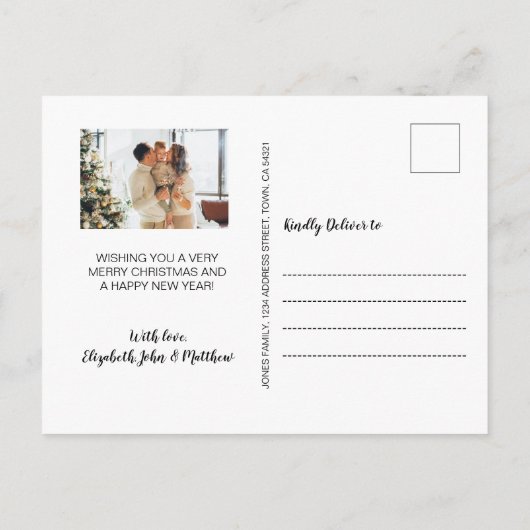 ミニマル白黒4フォトコラージクリスマス ポストカード (裏面)