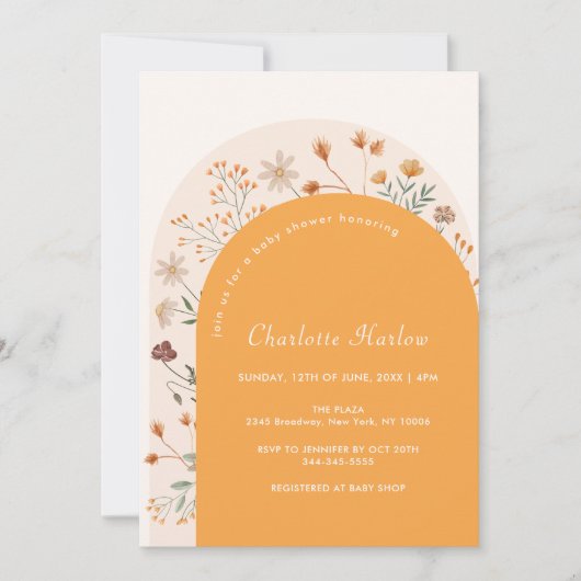 ミニマル秋ボホワイルドフラワーアーチベイビーシャワー 招待状 (正面)