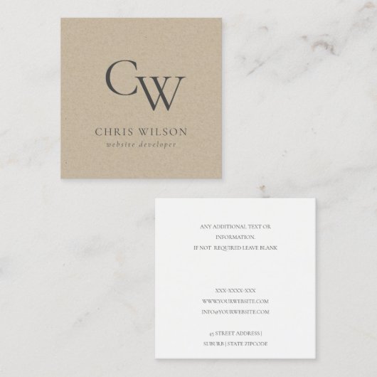 ミニマル素朴シンプルクラフトモノグラムイニシャル スクエア名刺 (正面/裏面)