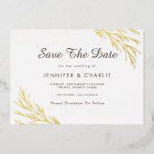 ミニマル素朴ス葉金ゴールド白日付を保存 箔招待状 (正面)