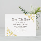 ミニマル素朴ス葉金ゴールド白日付を保存 箔招待状 (立ち正面)