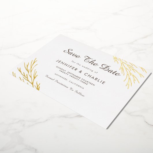 ミニマル素朴ス葉金ゴールド白日付を保存 箔招待状 (回転した状態)