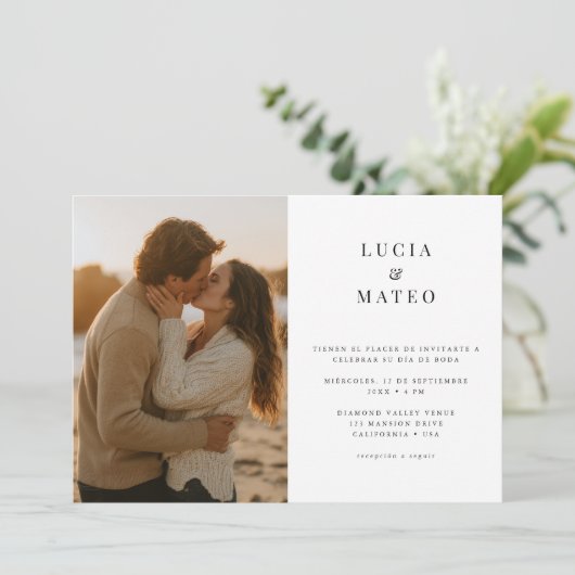 ミニマル素朴ビーチサンセット写真スペインの結婚s 招待状 (スタンド正面)