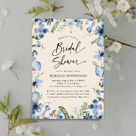 ミニマル素朴リストダスキーブルー花模様ブライダルシャワー 招待状