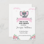 ミニマル素朴リストピンクフローラゾウ赤ちゃんシャワー 招待状 (正面/裏面)